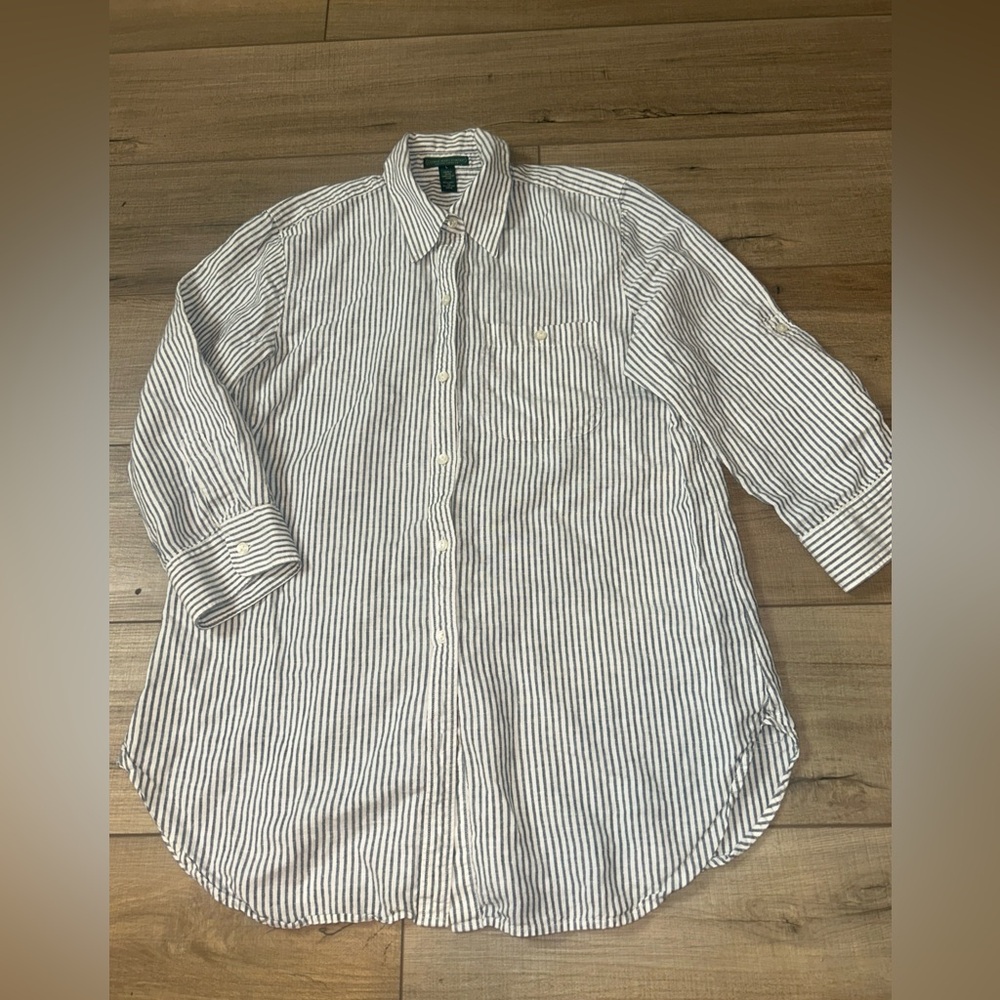 Ralph Lauren Womens Shirt Linen Blend Striped Coastal Nautical Butter Mom Gray L